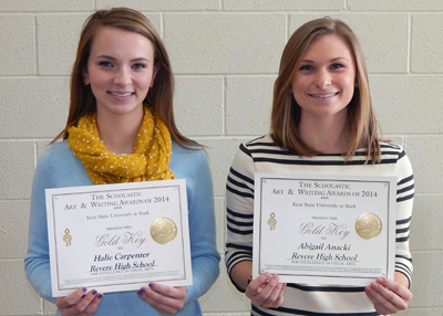 Halie Carpenter and Abby Anacki hold their Scholastic Gold Key Awards. 