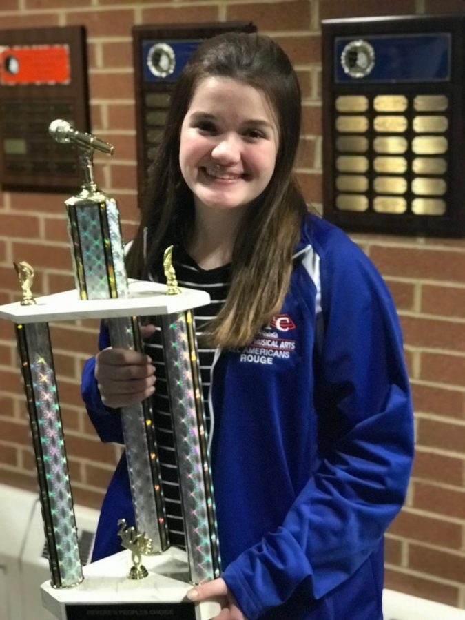 Ellie Lewis poses her Revere Peoples Choice trophy from the After-Prom Fundraiser. Photo courtesy of Margie Lewis. Used with permission. 