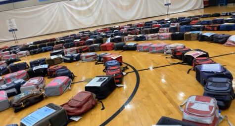 Backpacks lined up in a circle around the Kent State gym. 