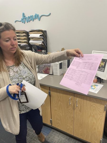 Elizabeth Long, a school counselor, holds a copy of Revere’s course offerings